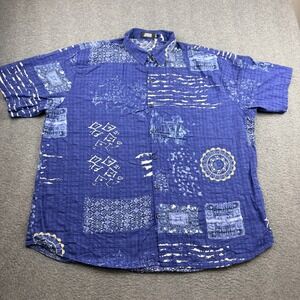 Jogal Men's 3XL Blue Patchwork Mandala Print Short Sleeve‎ Button Down Shirt